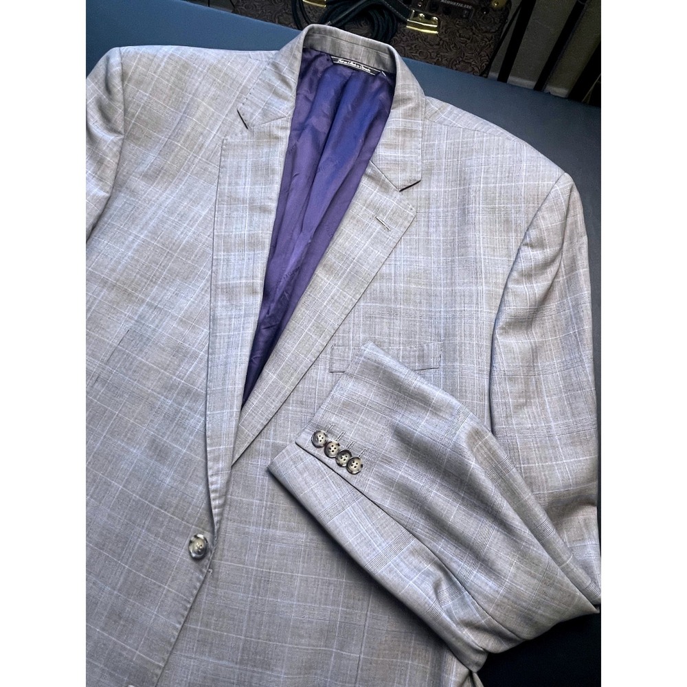 Jack Victor Vitale Barberis Canonico 46L Grey Blue Plaid Lux Collection Blazer